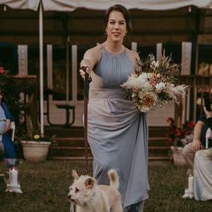 Dusty blue Azazie bridesmaid dress (12, hemmed, worn twice); EUC